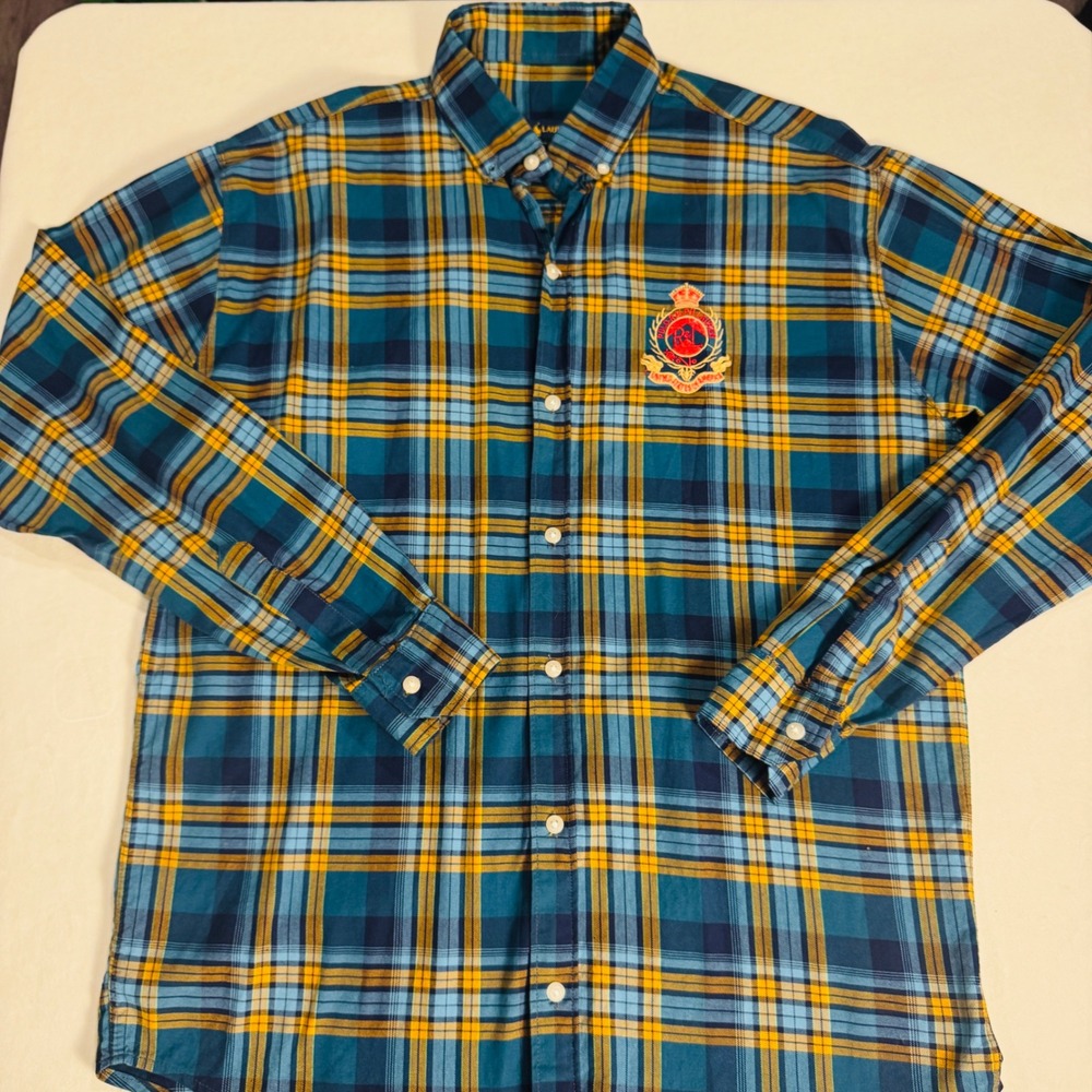 Ralph Lauren Mens XXL Plaid Button Down Shirt Teal Yellow Embroidered Crest RL